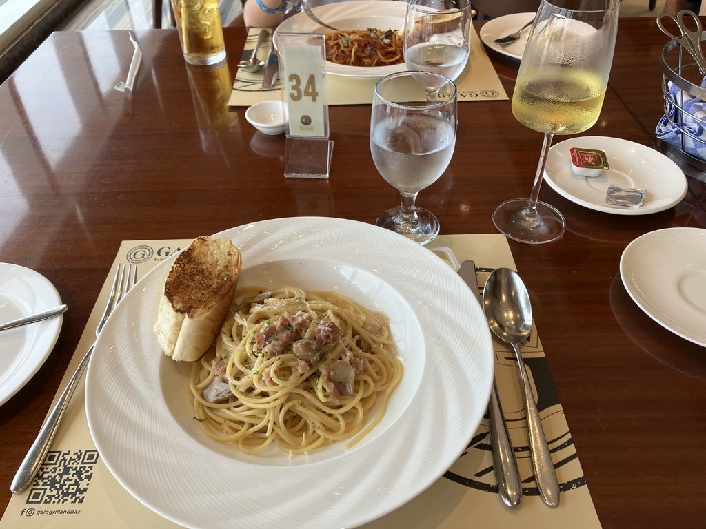 Focaccia and pasta at the restaurant